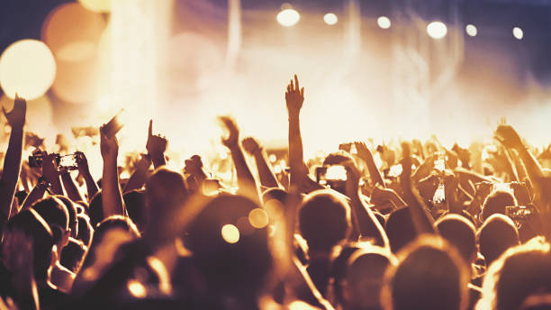 Closeup rear view of large group of people enjoying an open air concert on a summer night. There are a lot of hands raised. Blurry stage lights in background